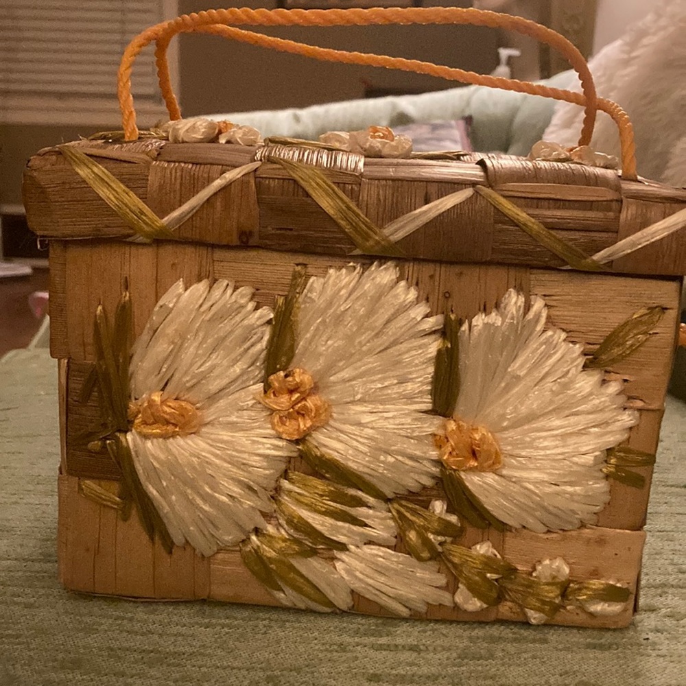 Vintage Straw daisy Square Purse Hand bag